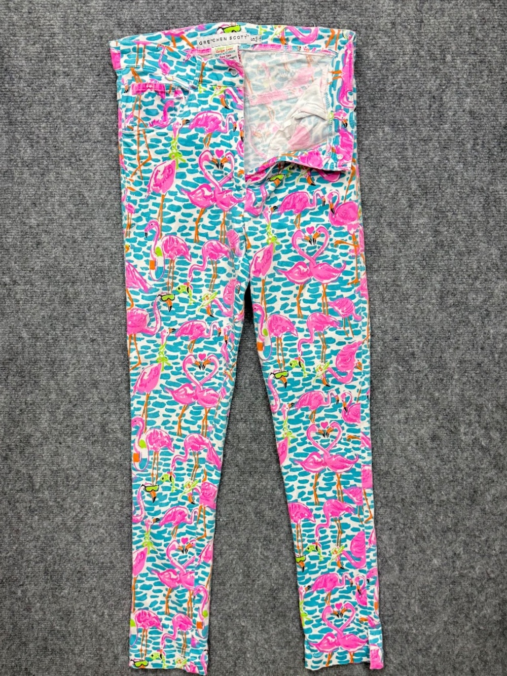 Gretchen Scott Flamingo Print Pants Small Women Blue Pink Tropical Slit Ankle - Picture 3 of 8